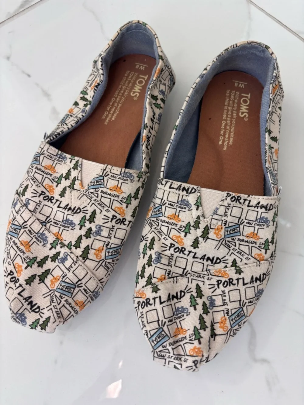 TOMS Portland Map Print Slip On Flats Alpargata Casual Shoes Size 8